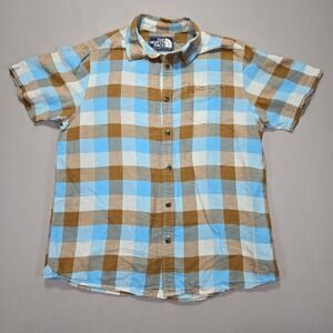 The North Face Mens Plaid Short Sleeve Button Down Shirt Brown Blue Large‎